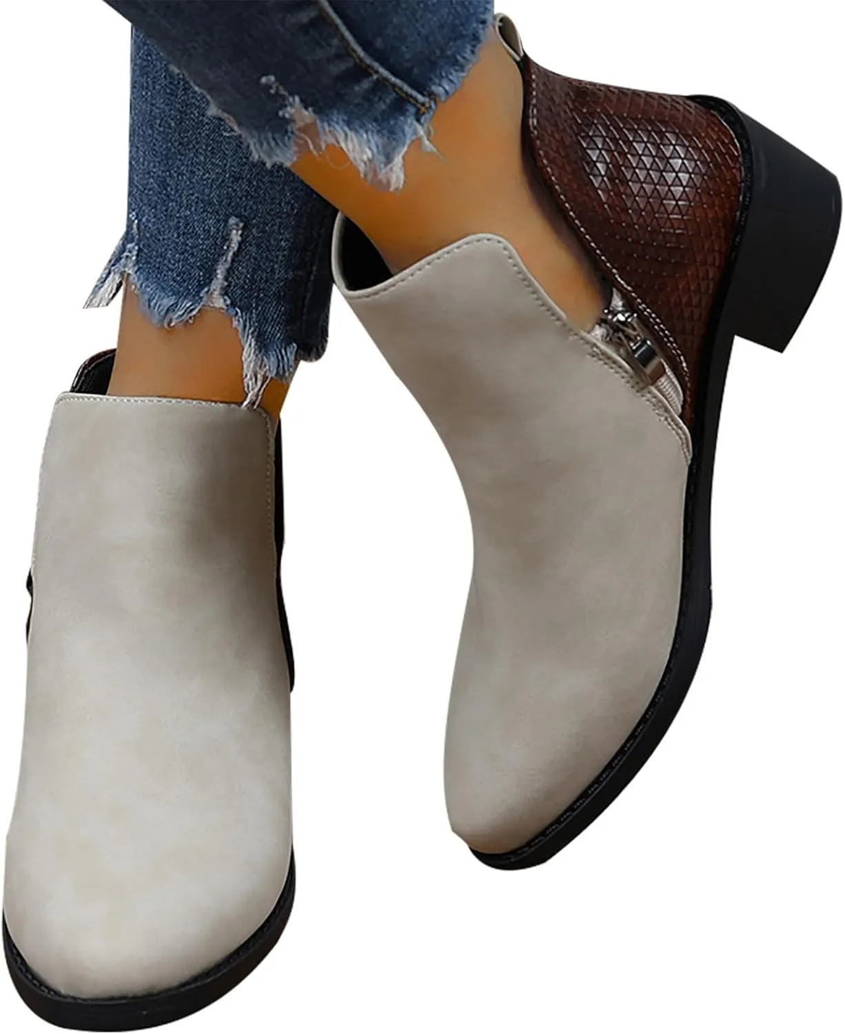 Ankle Boots Womens England Style Leather Splicing Chunky Heel Boots Pointed Toe Low Zipper Design Single Boots