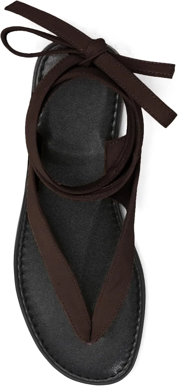 Ankle Strap Flat Sandals for Women Comfortable Lace Up T-Strap Slip on Flip Flops Flats Ladies Fashion Cute Thong Sandals Summer Soft Flip Flops Sandals