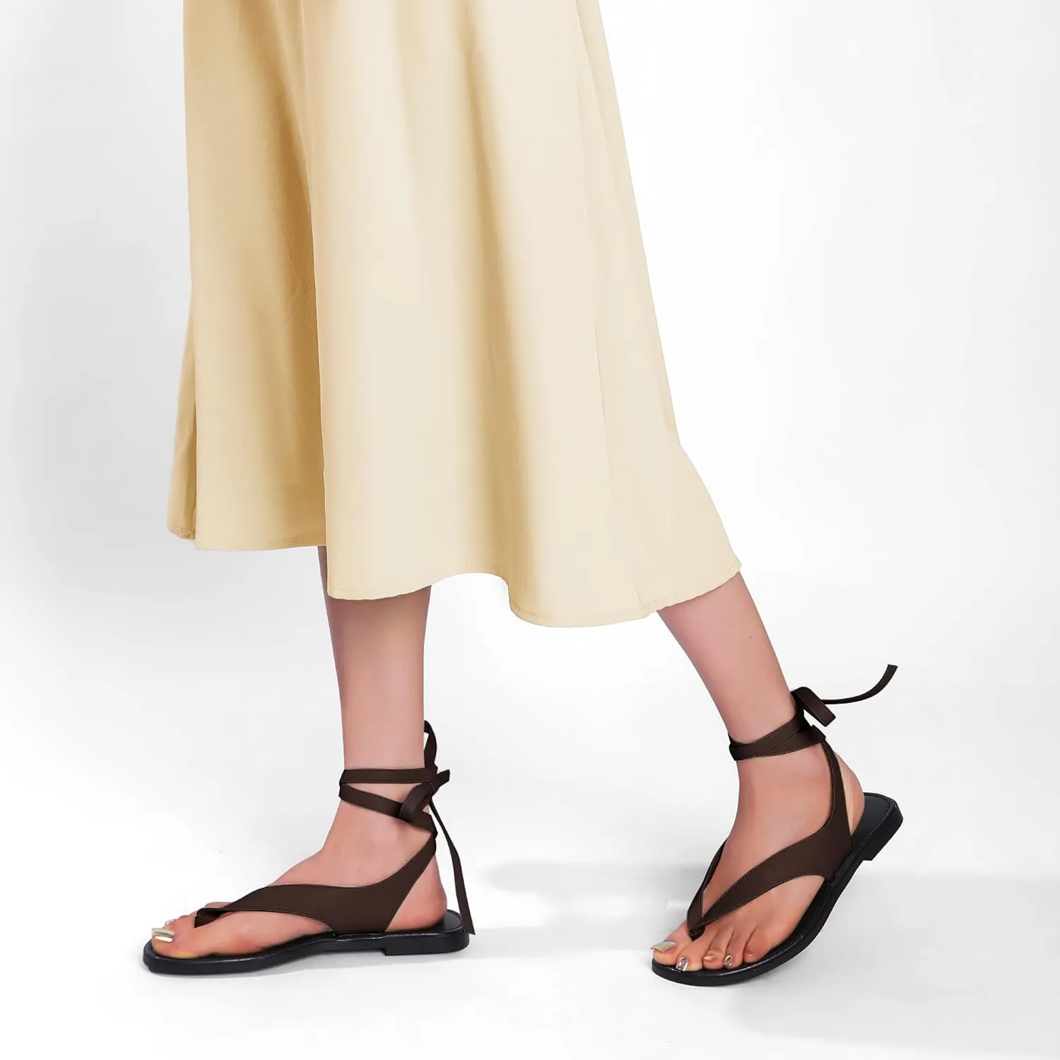 Ankle Strap Flat Sandals for Women Comfortable Lace Up T-Strap Slip on Flip Flops Flats Ladies Fashion Cute Thong Sandals Summer Soft Flip Flops Sandals