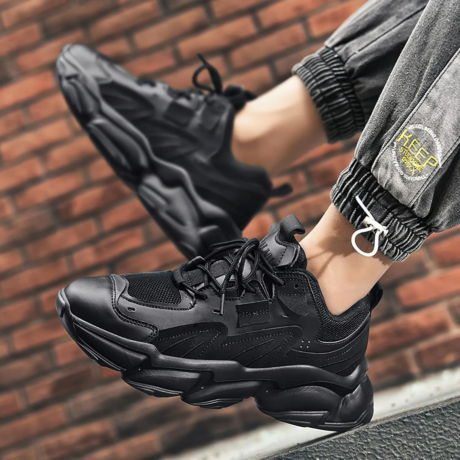 ANUFER Mens PU   Mesh Sport Shoes Fashion Chunky Sneakers Height Increasing Trainers Shoes