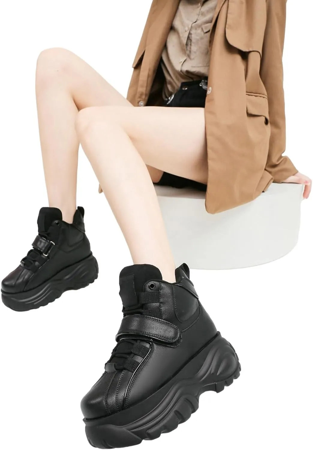 ANUFER Women's Goth Punk High/Low Top Platform Chunky Sneakers Lace Up Wedgel Heel Dad Shoes
