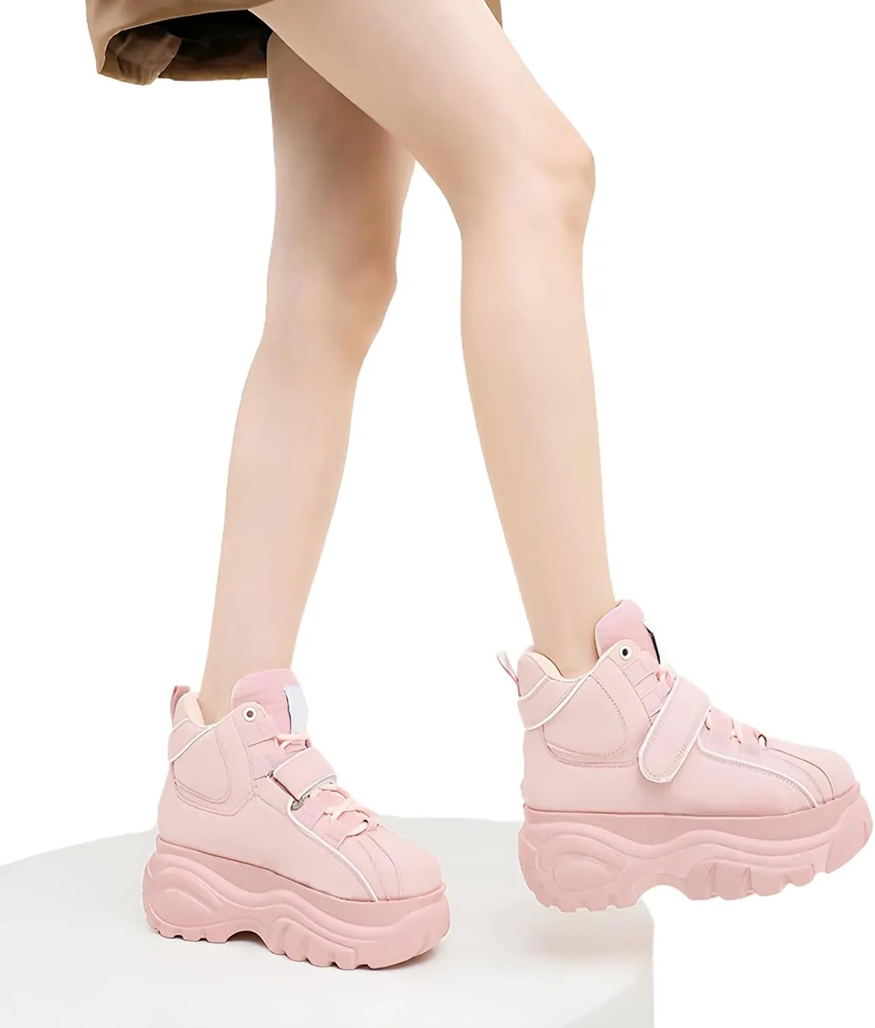 ANUFER Women's Goth Punk High/Low Top Platform Chunky Sneakers Lace Up Wedgel Heel Dad Shoes