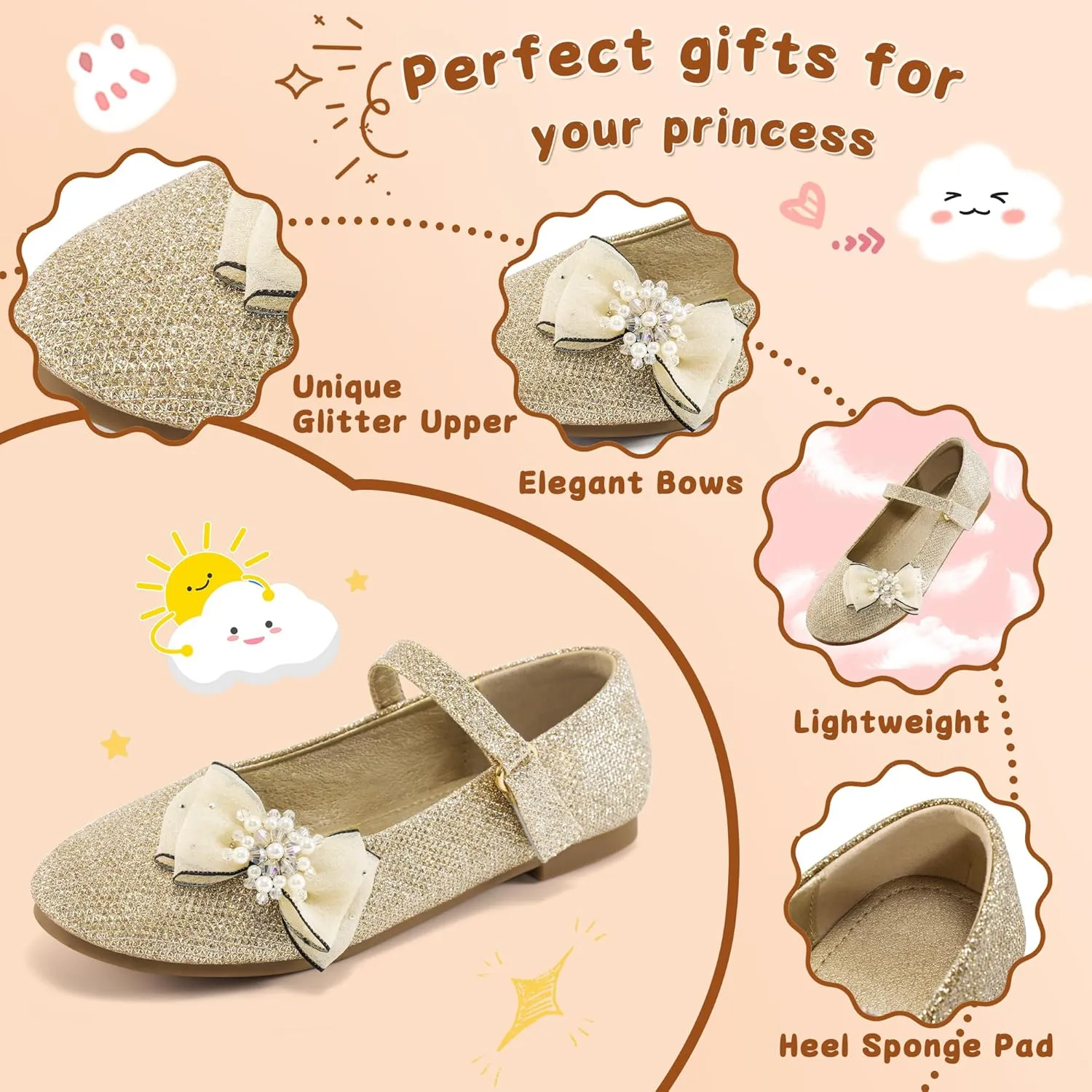 Aomigoct Girls Flats Dress Shoes: Little Kid Princess Ballerina Flats for Birthday Party - Girls Mary Jane Shoe for Wedding School