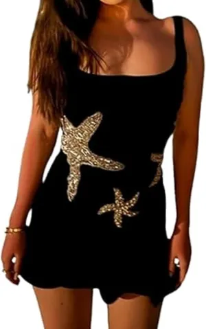 Aonoapll Women Sequin Starfish Mini Dress Sparkly Knitted Bodycon Tank Dress Y2k Fitted Ruffle Hem Short Club Sundress