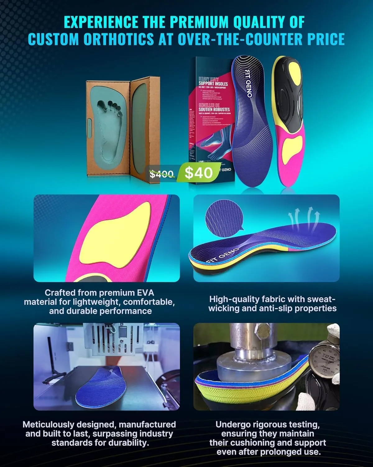 Arch Support Plantar Fasciitis Insoles: Fit Geno Orthotics Inserts for High Arch Pain Relief – Heavy Duty Shoe Inserts for Women & Men 220lbs  – for Work Boots & Sneakers (Women's 6-7 / Men's 4-5)