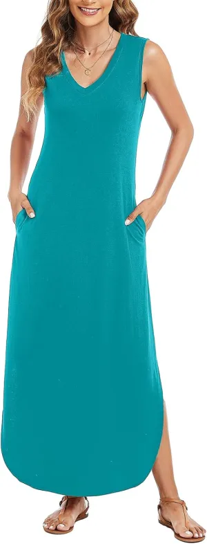 Arolina Maxi Dress for Women Tropical Summer V Neck Sleeveless Split Long Beach Dresses Casual Loose Sundress with Pockets
