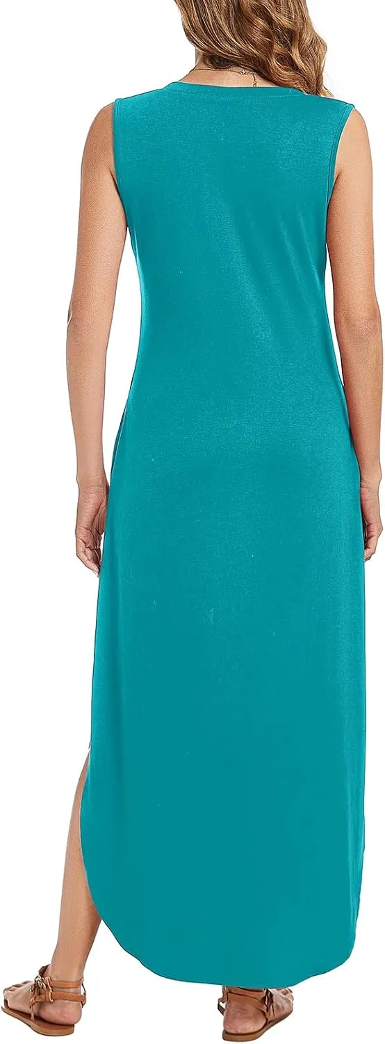 Arolina Maxi Dress for Women Tropical Summer V Neck Sleeveless Split Long Beach Dresses Casual Loose Sundress with Pockets