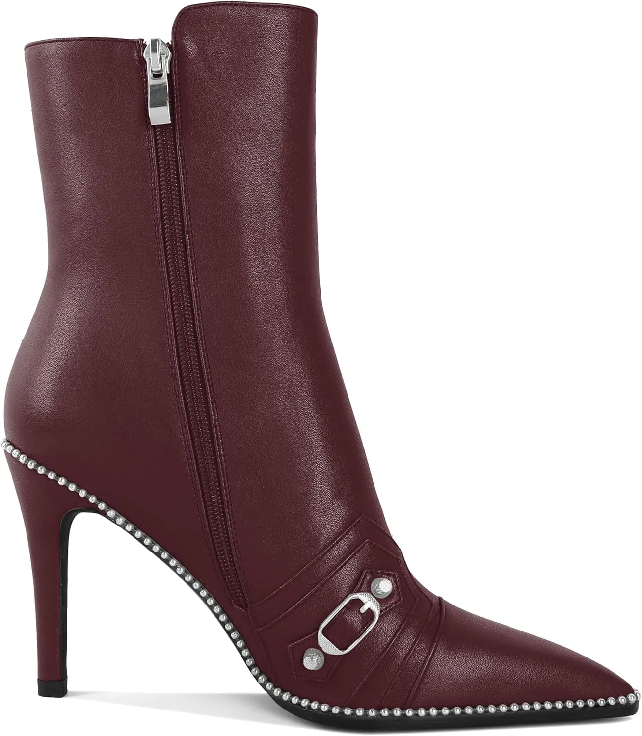 AUMOTED Pointed Toe Side Zipper Stiletto High Heel Buckle Ankle Boots for Women Sexy Mid Calf Booties 3.7 Inches Beaded Boots