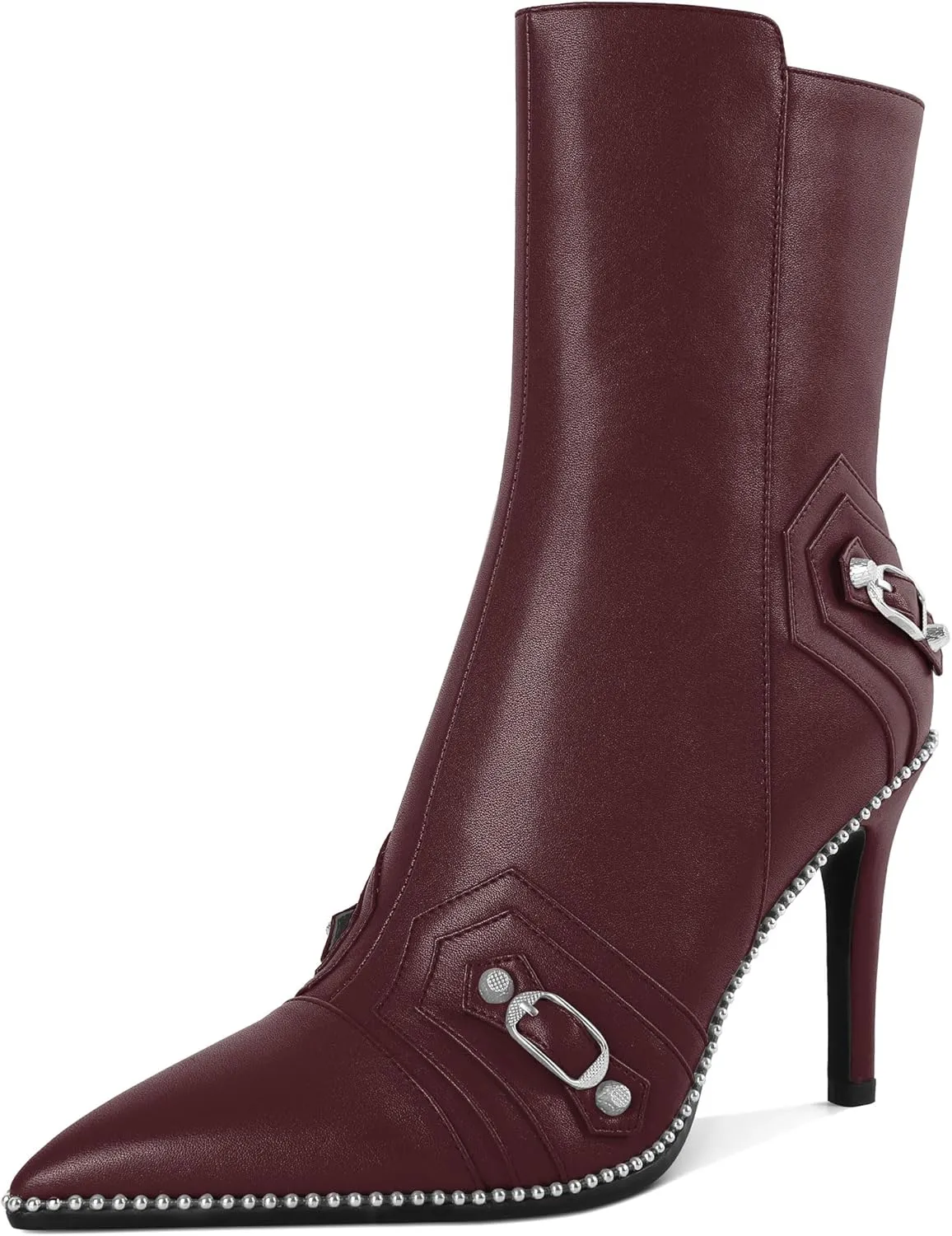 AUMOTED Pointed Toe Side Zipper Stiletto High Heel Buckle Ankle Boots for Women Sexy Mid Calf Booties 3.7 Inches Beaded Boots
