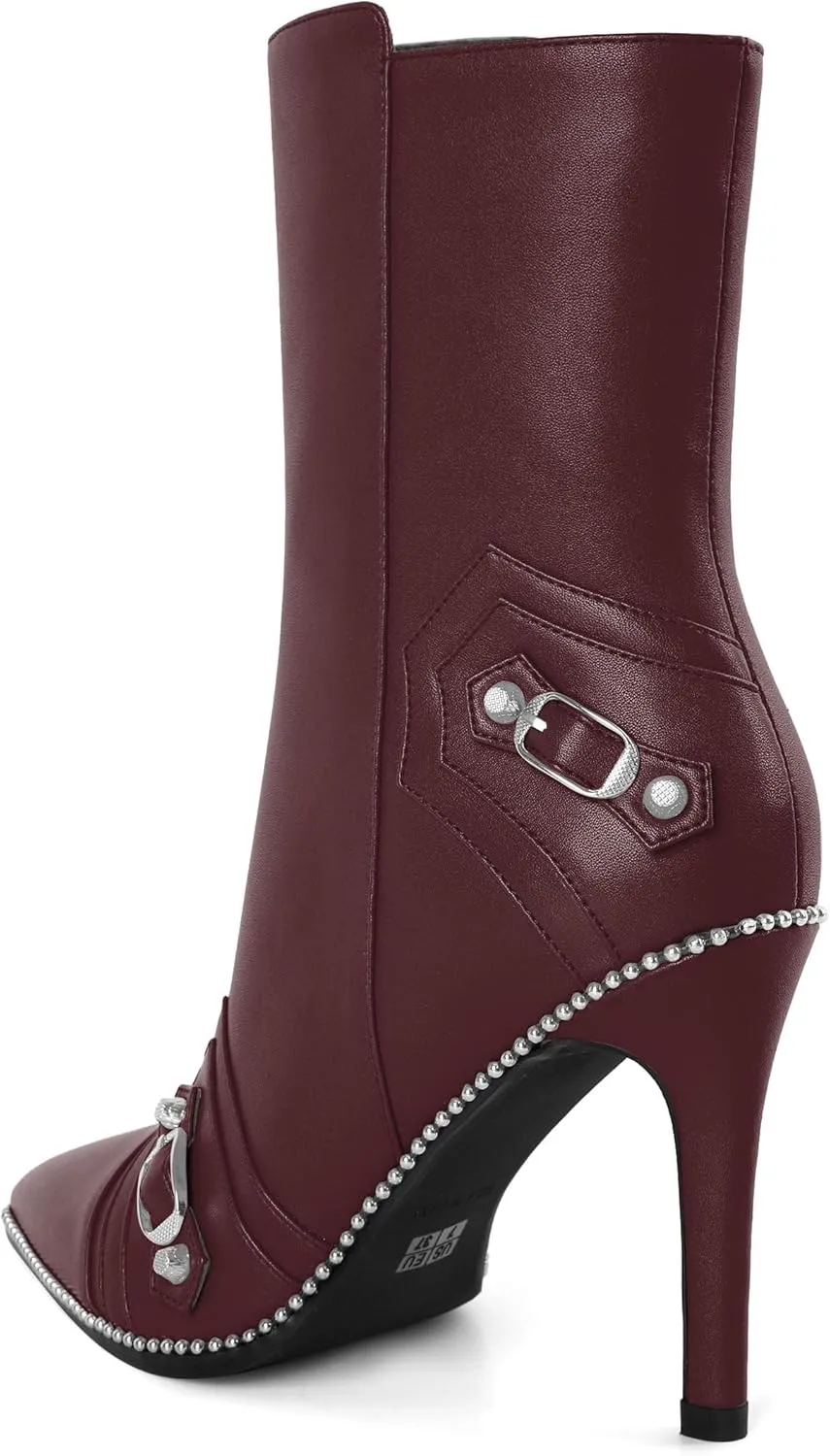 AUMOTED Pointed Toe Side Zipper Stiletto High Heel Buckle Ankle Boots for Women Sexy Mid Calf Booties 3.7 Inches Beaded Boots