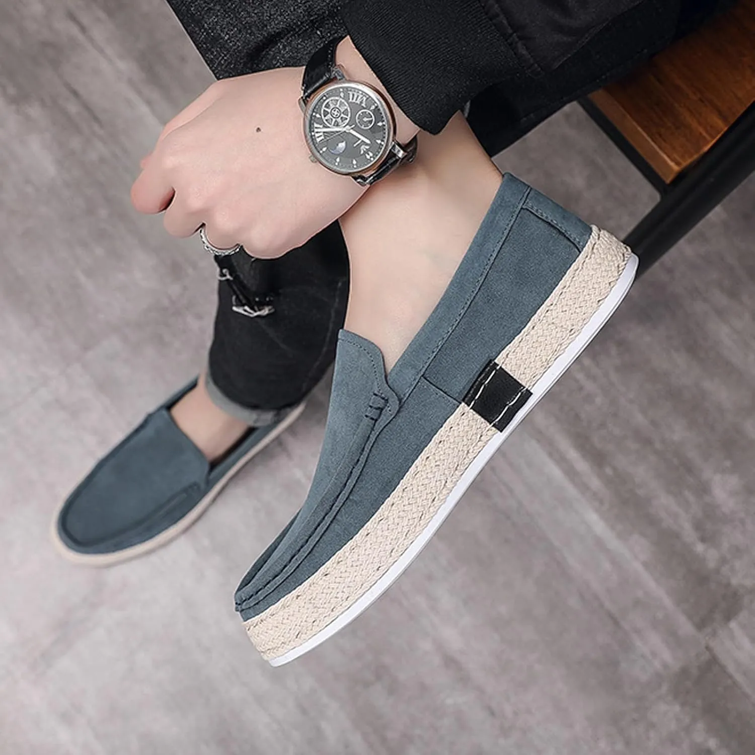 AUNTHUI Men's Slip-On Espadrille Loafers,Fashion Breathable Handmade Straw Moccasins,Non-Slip Comfortable Casual Walking Driving Flat Sneakers