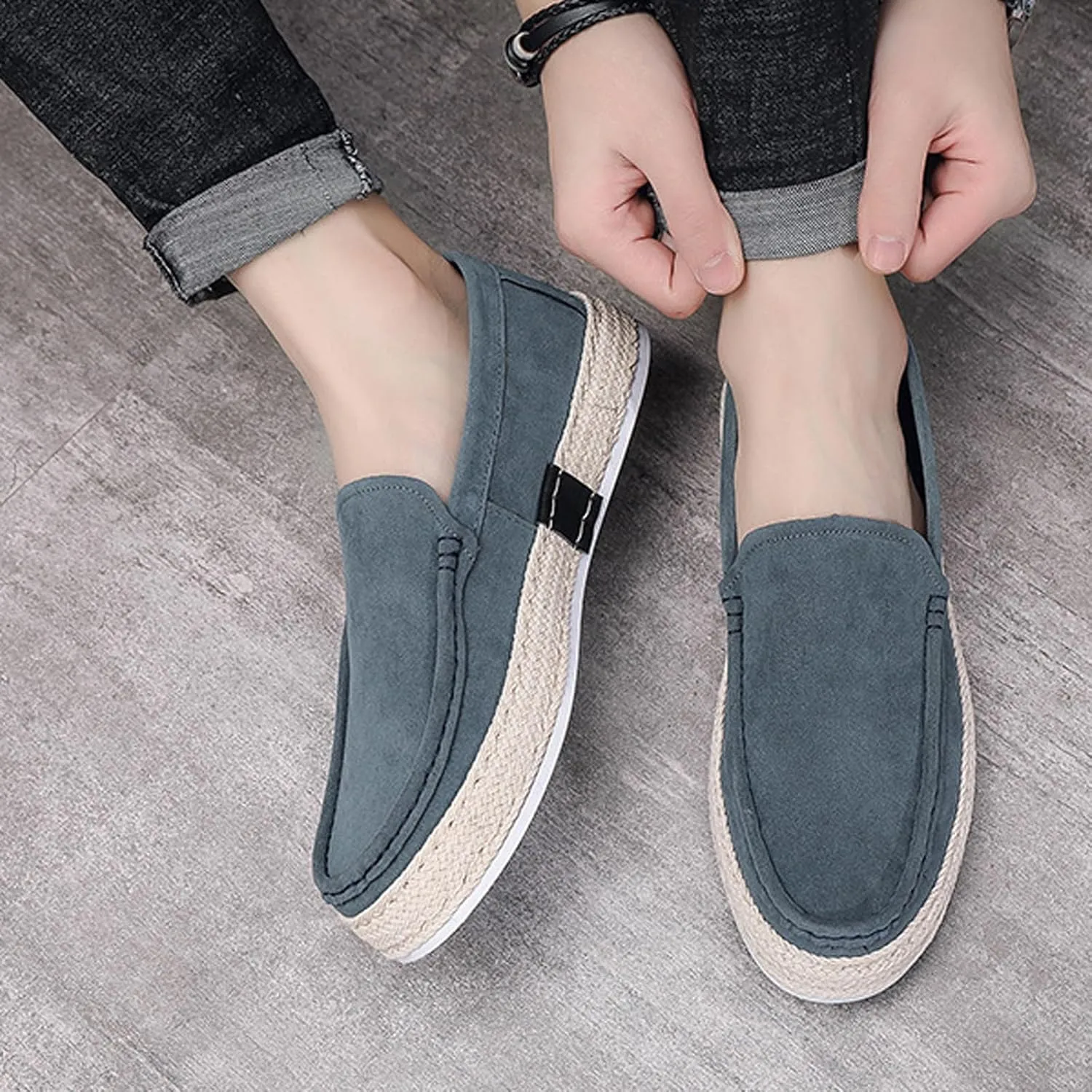 AUNTHUI Men's Slip-On Espadrille Loafers,Fashion Breathable Handmade Straw Moccasins,Non-Slip Comfortable Casual Walking Driving Flat Sneakers