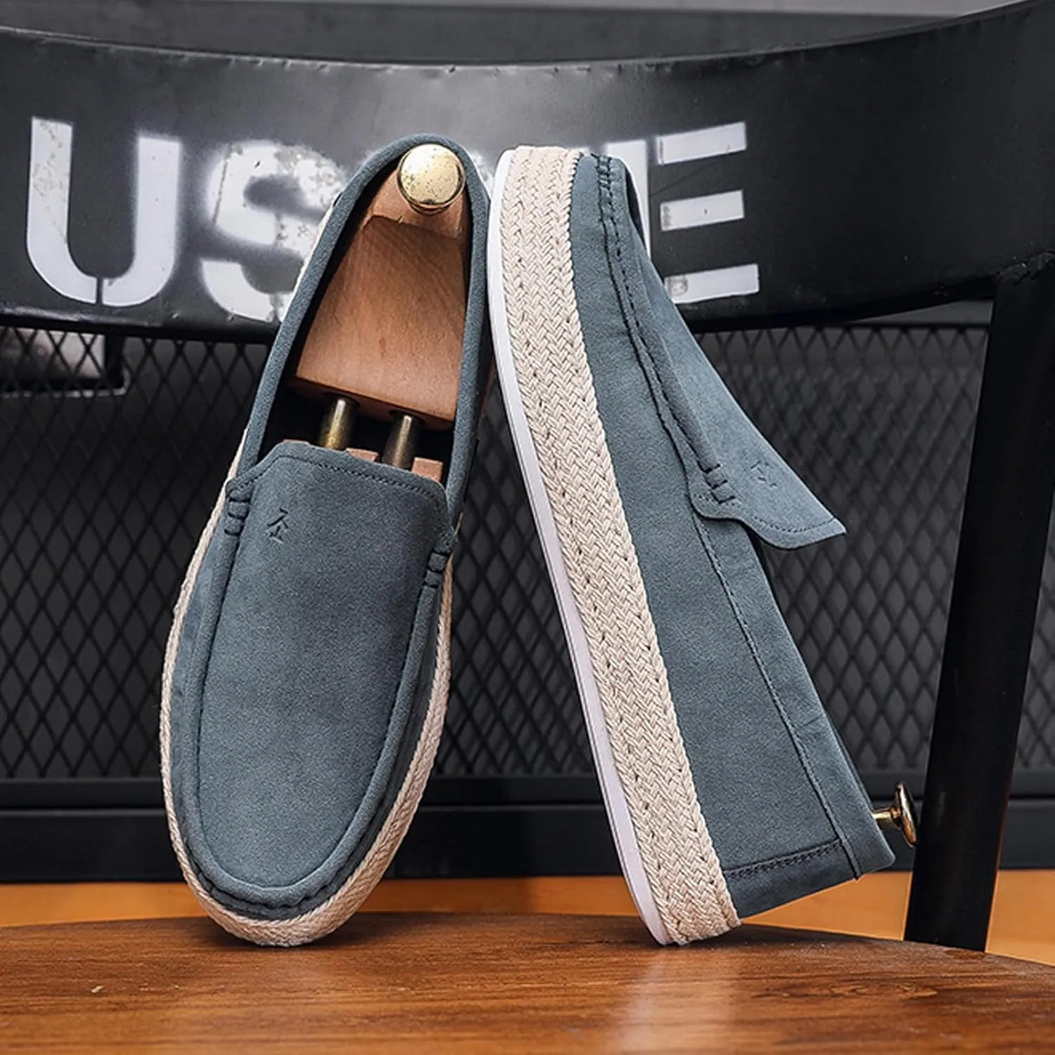 AUNTHUI Men's Slip-On Espadrille Loafers,Fashion Breathable Handmade Straw Moccasins,Non-Slip Comfortable Casual Walking Driving Flat Sneakers