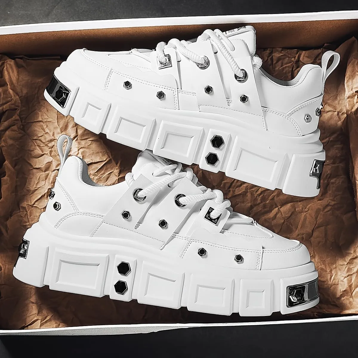 Avant-Garde Chunky Sneakers: Punk-Inspired Metal Stud Accents Fashion Statement erfect for Skateboarding, Parties & Everyday Wear
