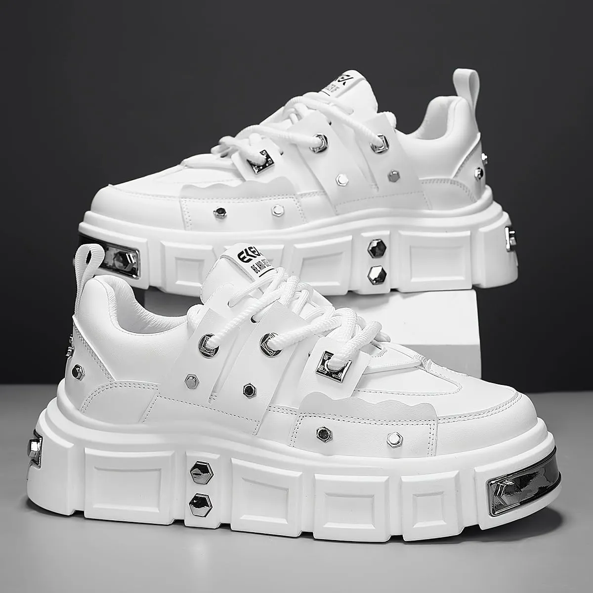 Avant-Garde Chunky Sneakers: Punk-Inspired Metal Stud Accents Fashion Statement erfect for Skateboarding, Parties & Everyday Wear