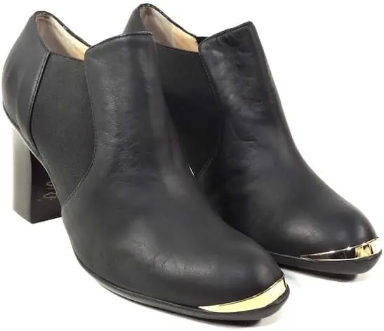 Baldinini Women's Black Leather Ankle Booties, Block Heel, Metal Toe Trim, Chelsea Style