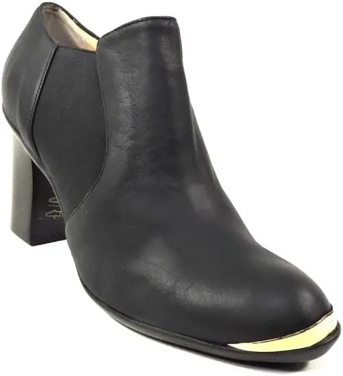 Baldinini Women's Black Leather Ankle Booties, Block Heel, Metal Toe Trim, Chelsea Style