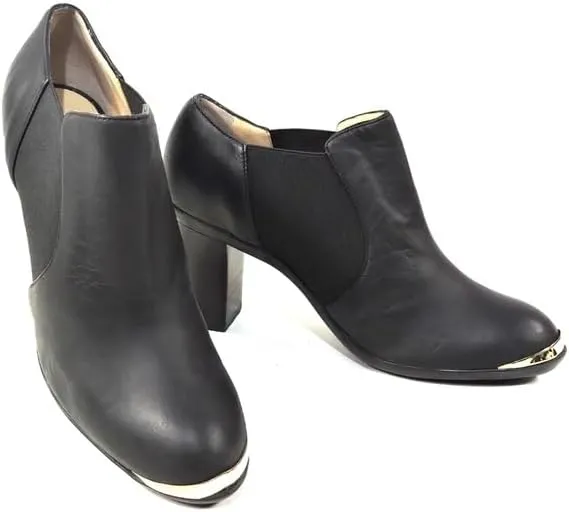 Baldinini Women's Black Leather Ankle Booties, Block Heel, Metal Toe Trim, Chelsea Style