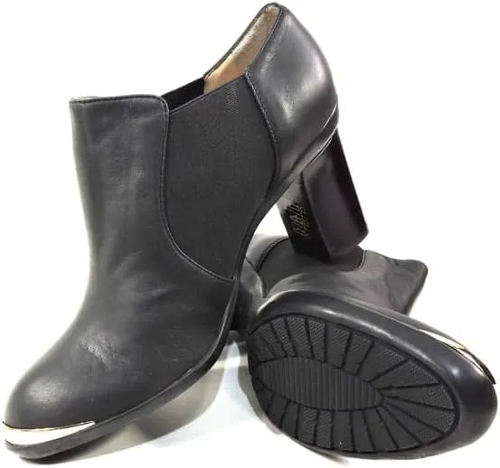 Baldinini Women's Black Leather Ankle Booties, Block Heel, Metal Toe Trim, Chelsea Style