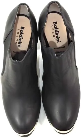 Baldinini Women's Black Leather Ankle Booties, Block Heel, Metal Toe Trim, Chelsea Style