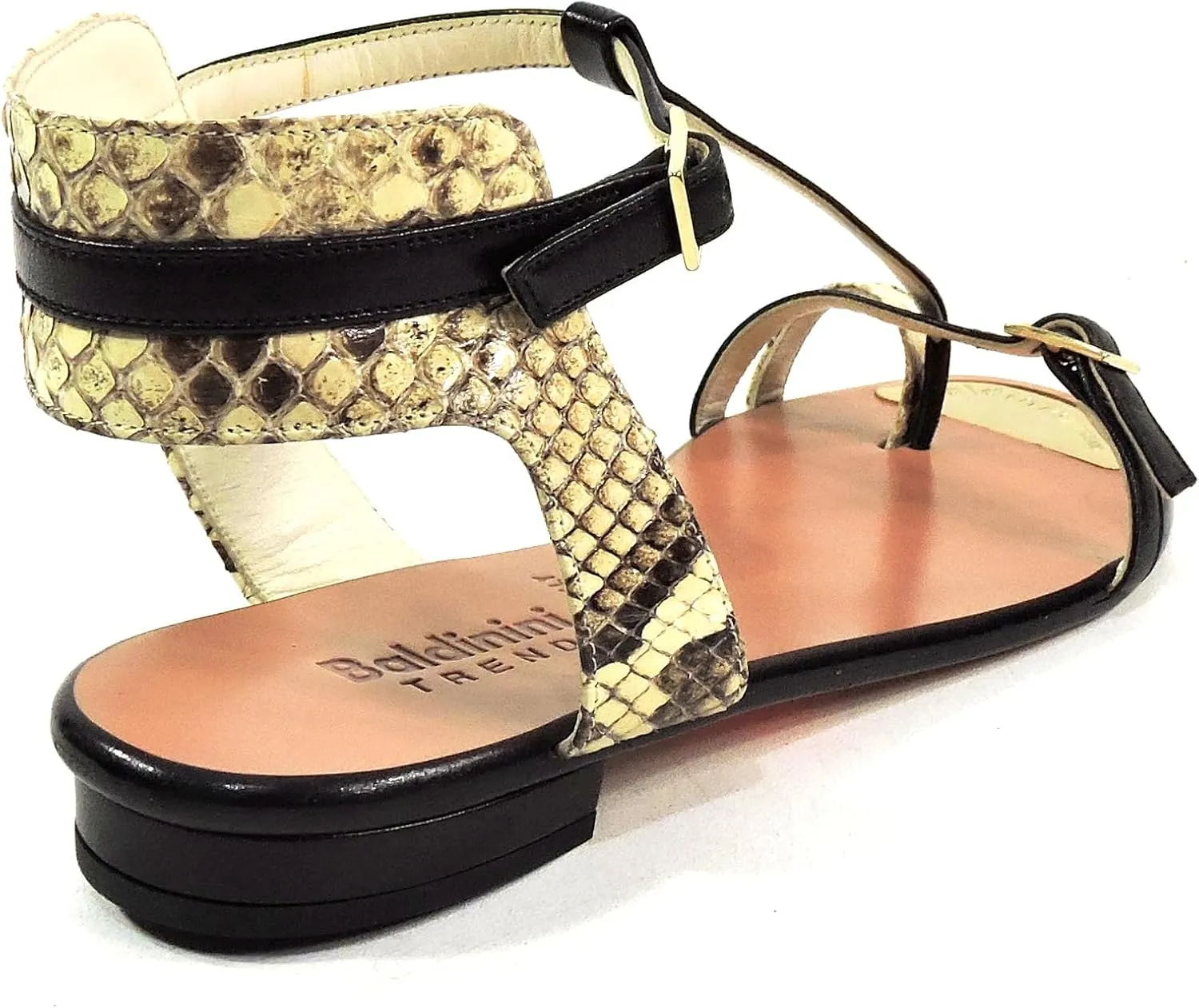 Baldinini Women's Special Leather T-Strap Sandals, Black Straps with Snake Print, Flat Comfort Sole