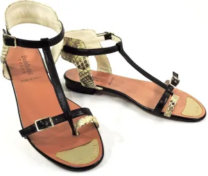 Baldinini Women's Special Leather T-Strap Sandals, Black Straps with Snake Print, Flat Comfort Sole