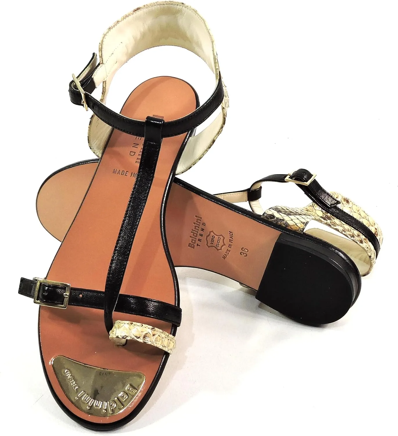 Baldinini Women's Special Leather T-Strap Sandals, Black Straps with Snake Print, Flat Comfort Sole
