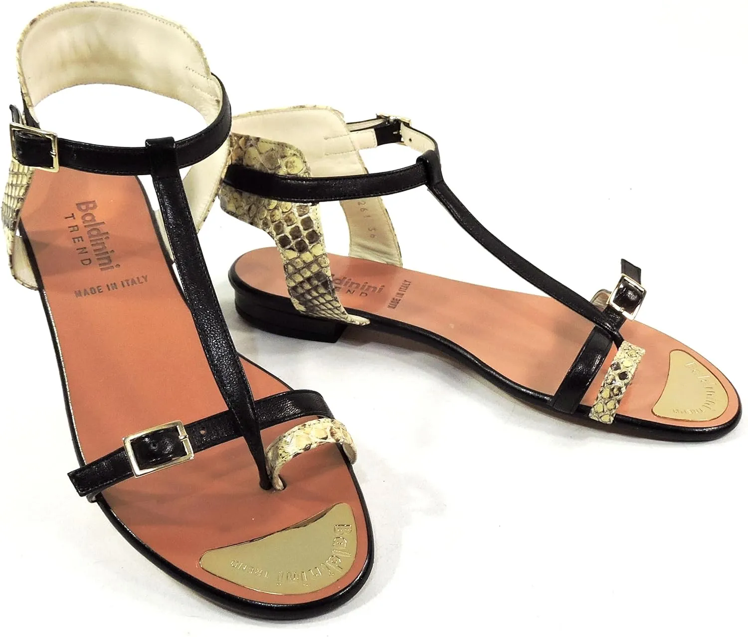 Baldinini Women's Special Leather T-Strap Sandals, Black Straps with Snake Print, Flat Comfort Sole