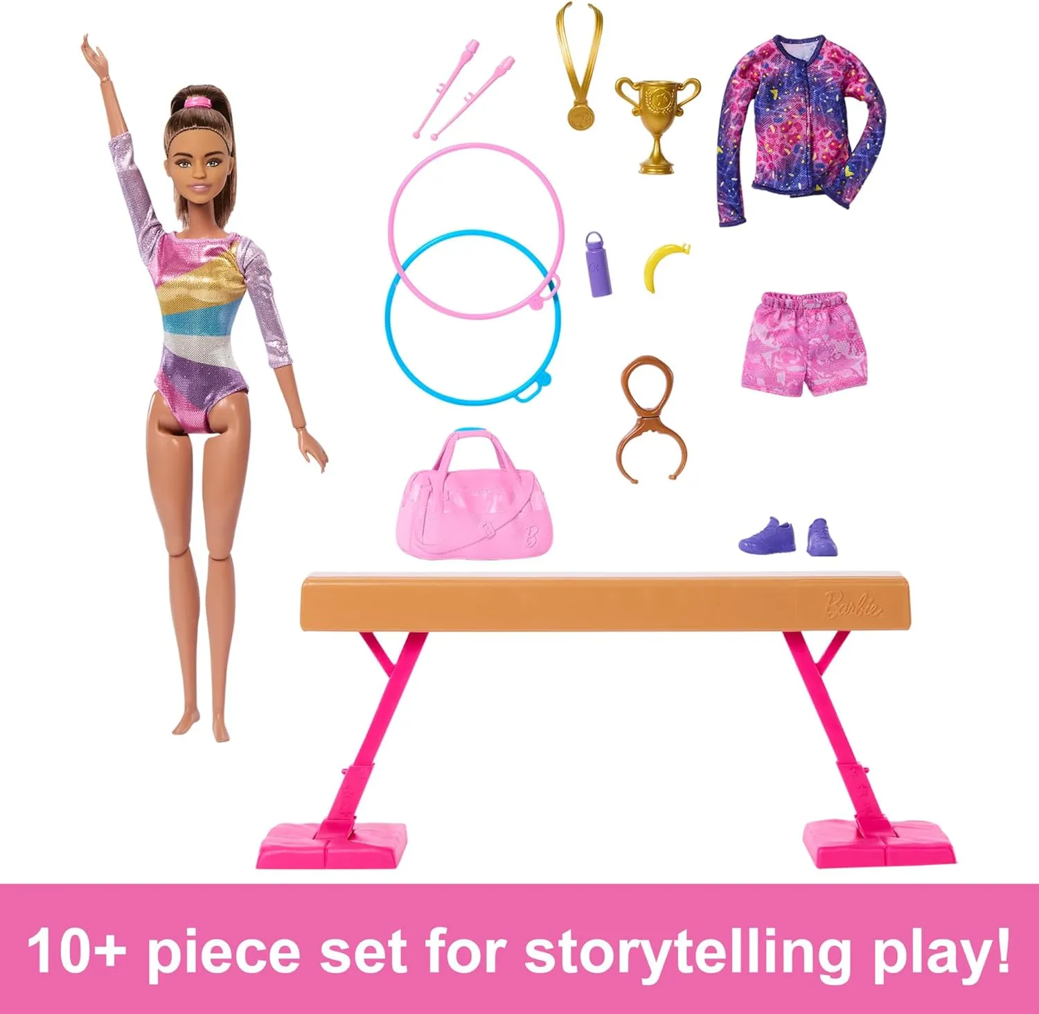 Barbie Careers Playset, Gymnastics Set with Brunette Gymnast Fashion Doll, C-Clip for Flipping Action, Balance Beam, Warm-Up Suit & Accessories