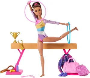 Barbie Careers Playset, Gymnastics Set with Brunette Gymnast Fashion Doll, C-Clip for Flipping Action, Balance Beam, Warm-Up Suit & Accessories