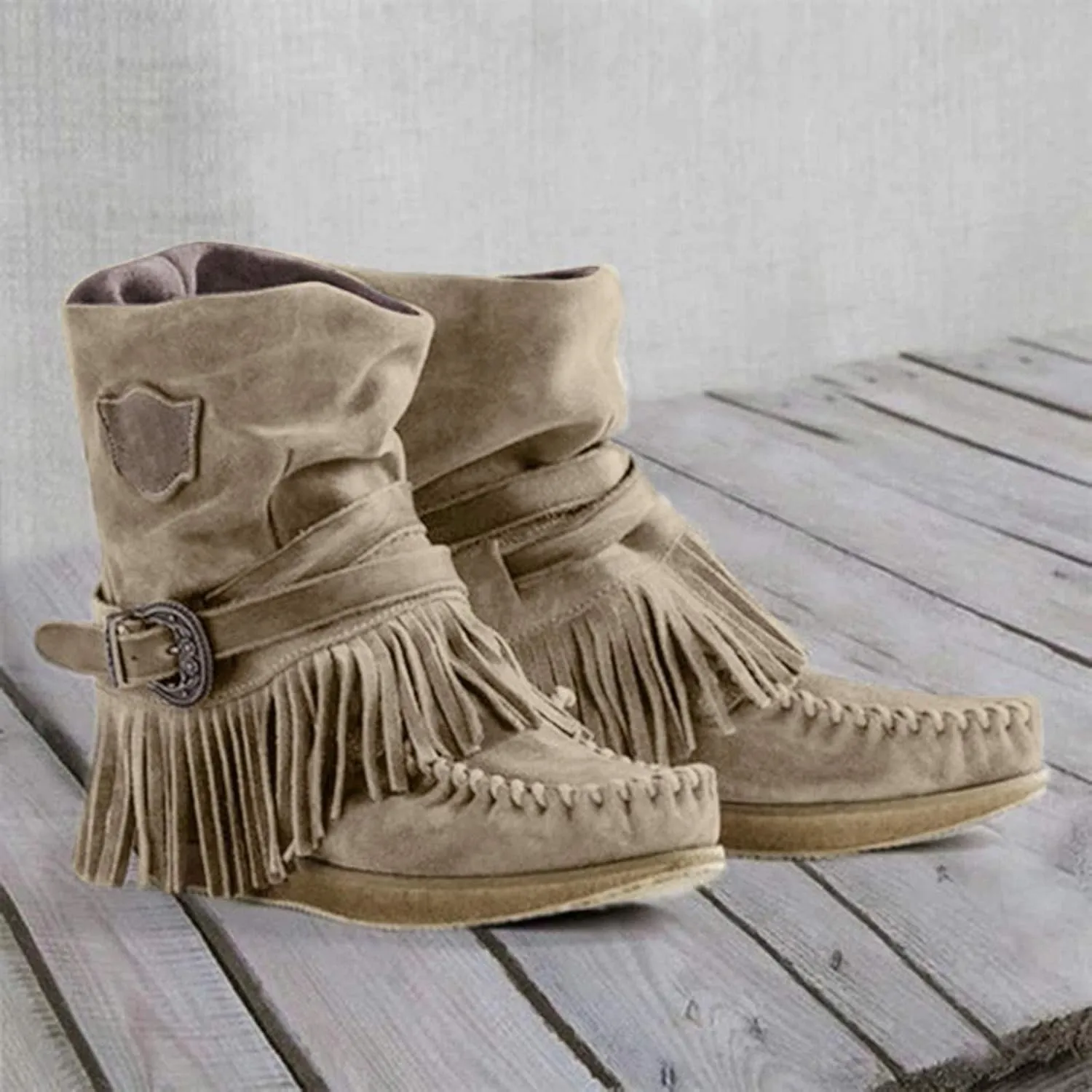 Bcshiye Tassel Boots for Women Moccasin Suede Ankle Booties Winter Round Toe Vintage Buckle Strap Mid-Calf Flat Shoes