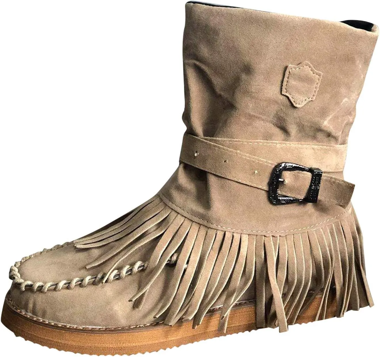 Bcshiye Tassel Boots for Women Moccasin Suede Ankle Booties Winter Round Toe Vintage Buckle Strap Mid-Calf Flat Shoes
