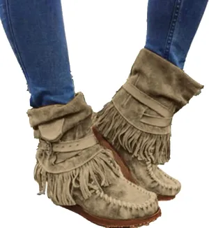Bcshiye Tassel Boots for Women Moccasin Suede Ankle Booties Winter Round Toe Vintage Buckle Strap Mid-Calf Flat Shoes