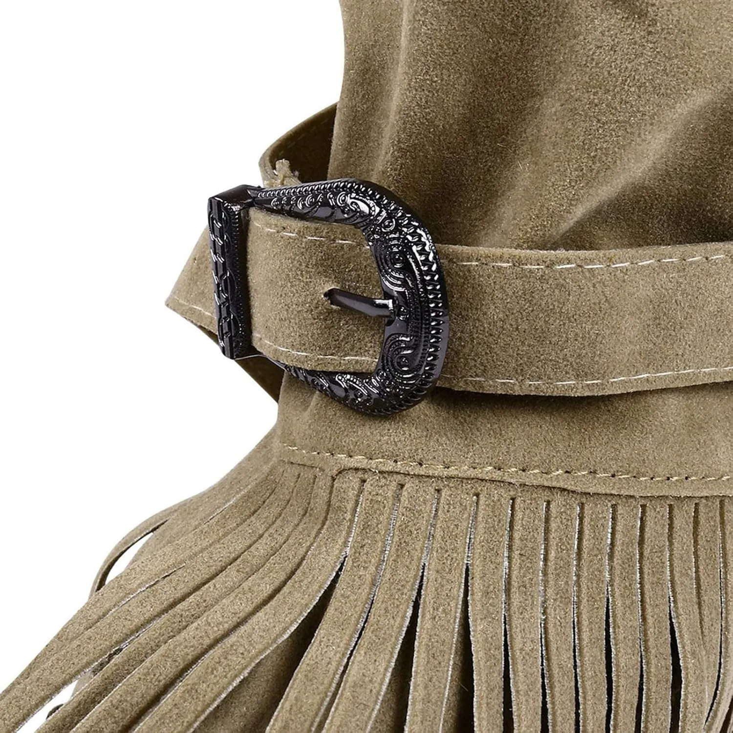Bcshiye Tassel Boots for Women Moccasin Suede Ankle Booties Winter Round Toe Vintage Buckle Strap Mid-Calf Flat Shoes