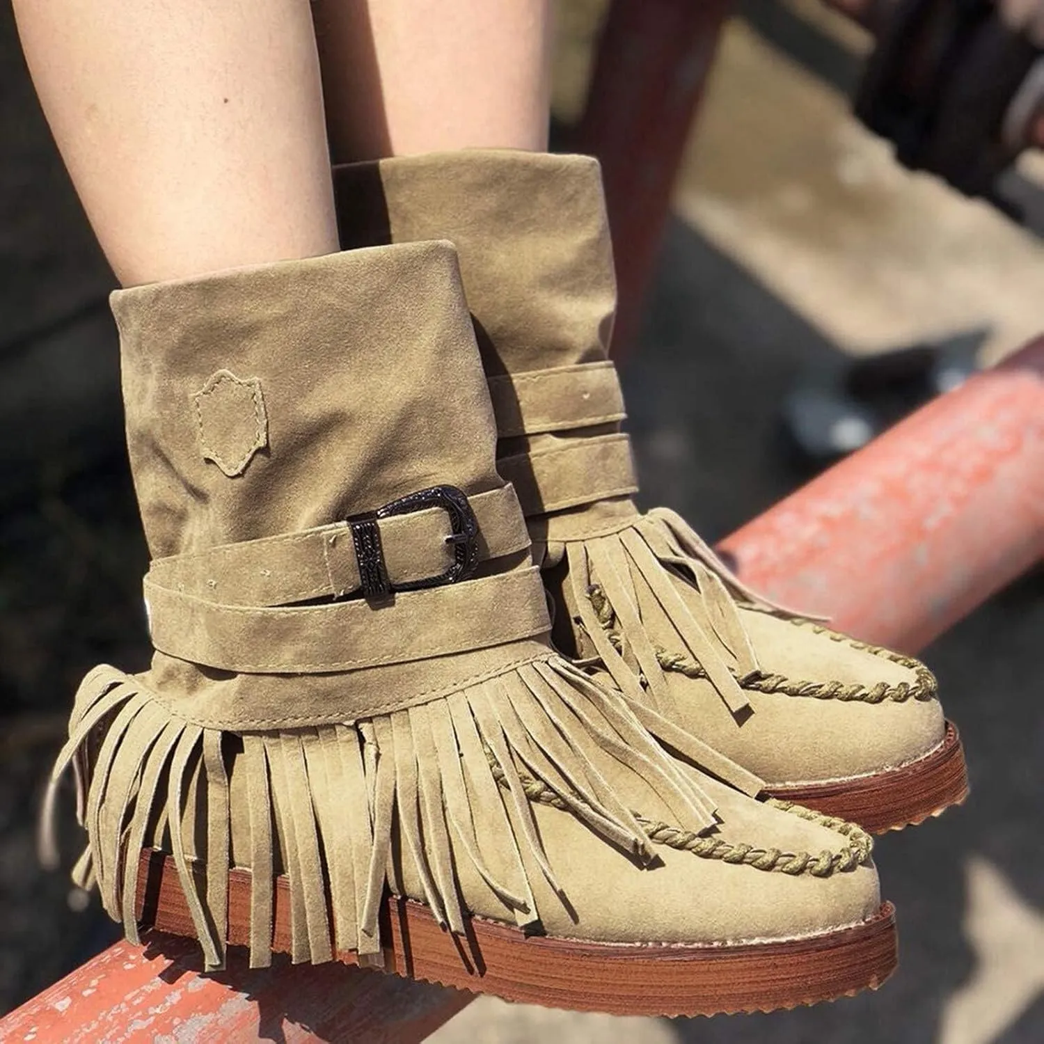 Bcshiye Tassel Boots for Women Moccasin Suede Ankle Booties Winter Round Toe Vintage Buckle Strap Mid-Calf Flat Shoes