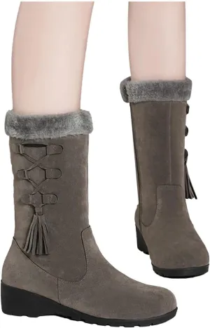 Bcshiye Women's Mid Calf Fashion Winter Snow Boots Outdoor Suede Slouch Combat Riding Boots with Fur Lined Collar