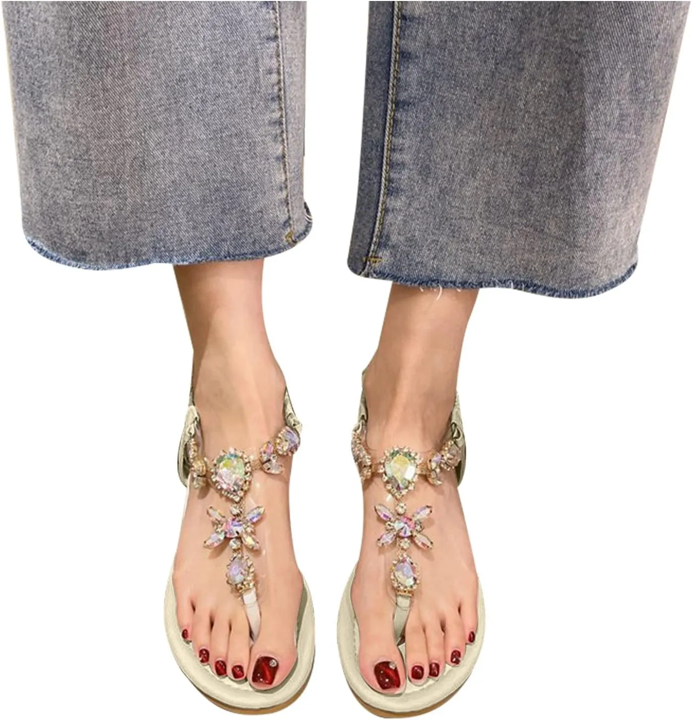 Beach Holiday Thong Sandals with Elastic Sling Back Trendy Womens Rhinestones Flats Shoes Comfortable Summer Footwear