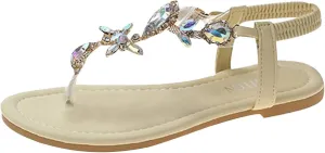Beach Holiday Thong Sandals with Elastic Sling Back Trendy Womens Rhinestones Flats Shoes Comfortable Summer Footwear