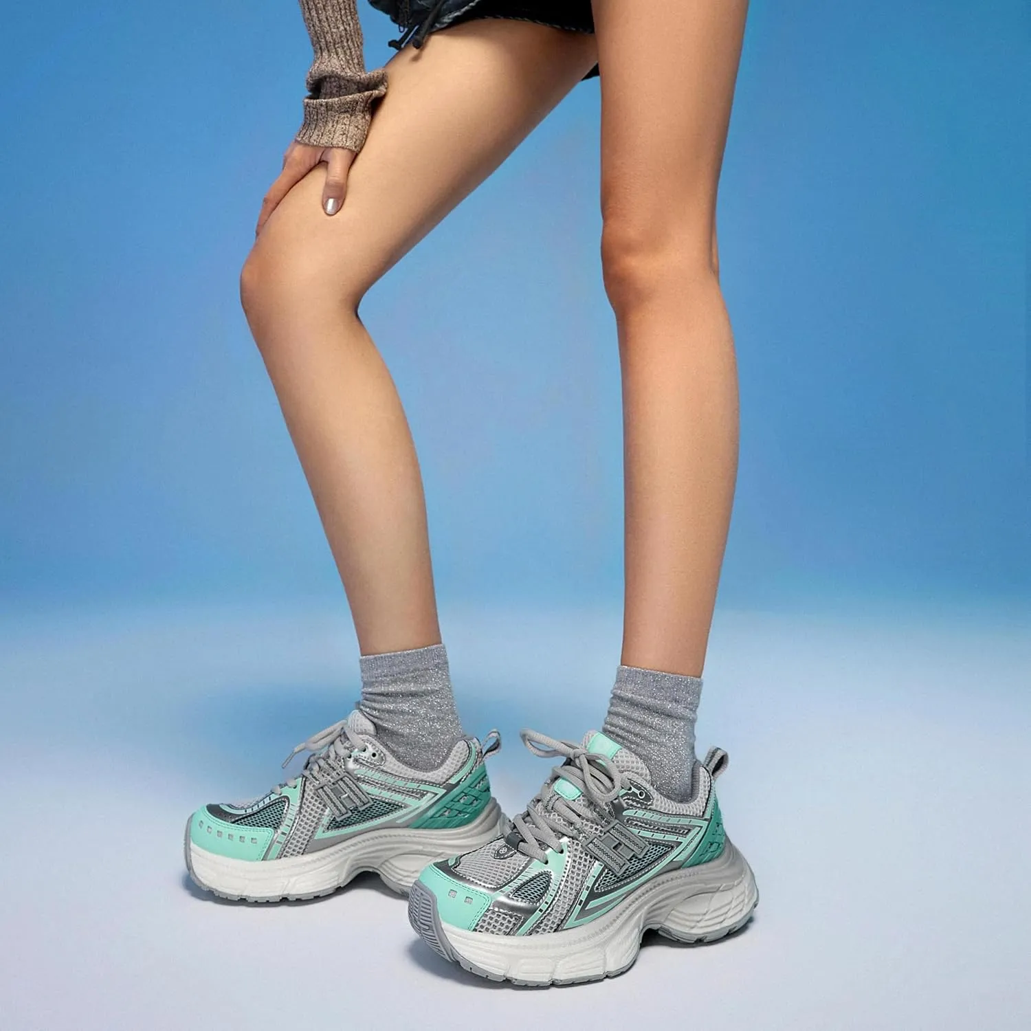 BEAU TODAY Chunky Sneakers for Women, Womens Fashion Sneakers, Lightweight Leather Sneakers for Women, Comfortable Casual Lace-Up Breathable Dad Shoes