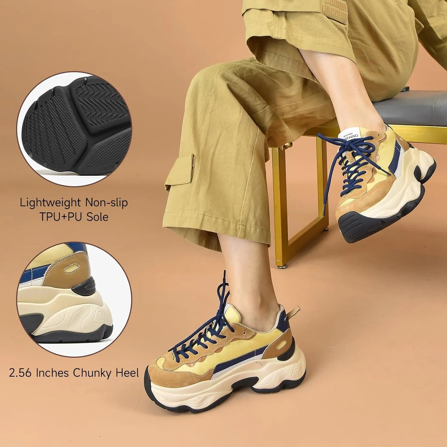 BEAU TODAY Womens Chunky Sneakers, Chunky Shoes for Women, Lace up Comfortable Fashion Dad Sneaker