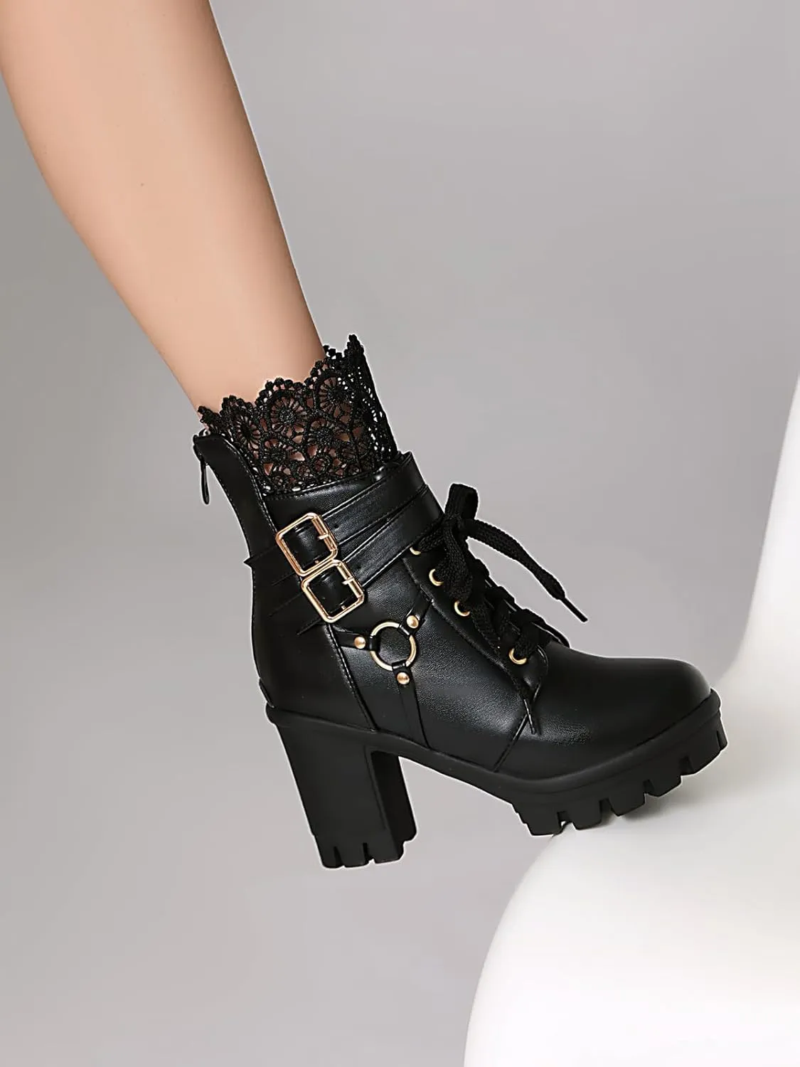 BEAUPAS Women's Gothic Combat Boots Lace Up Platform Ankle Boots with Buckles Chunky High Heel