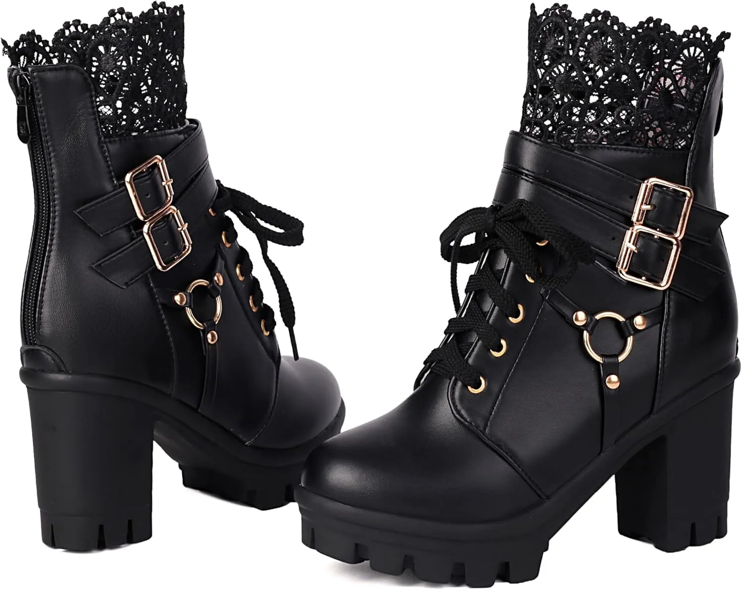 BEAUPAS Women's Gothic Combat Boots Lace Up Platform Ankle Boots with Buckles Chunky High Heel