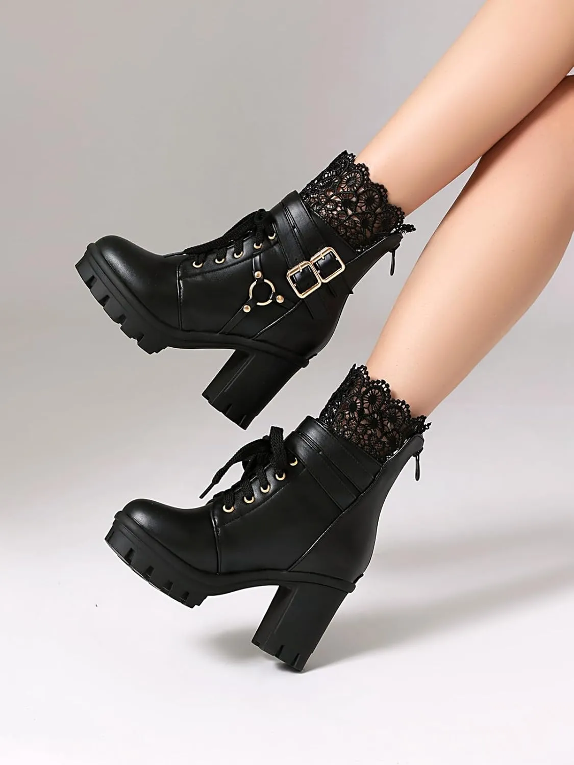 BEAUPAS Women's Gothic Combat Boots Lace Up Platform Ankle Boots with Buckles Chunky High Heel