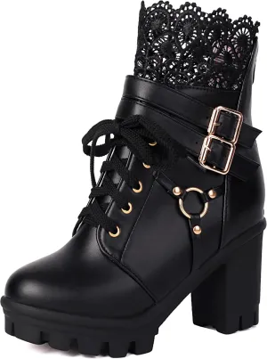 BEAUPAS Women's Gothic Combat Boots Lace Up Platform Ankle Boots with Buckles Chunky High Heel