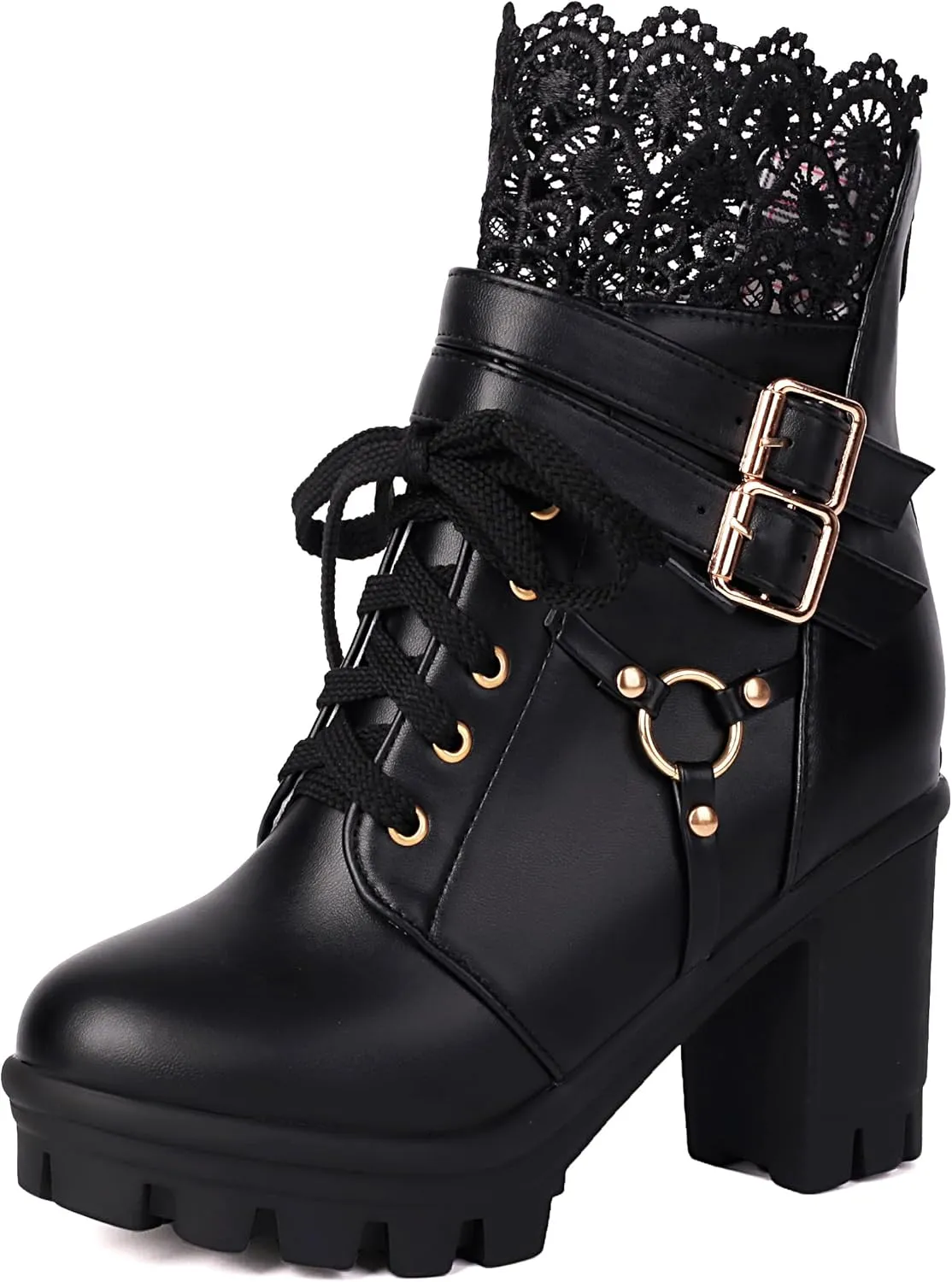 BEAUPAS Women's Gothic Combat Boots Lace Up Platform Ankle Boots with Buckles Chunky High Heel
