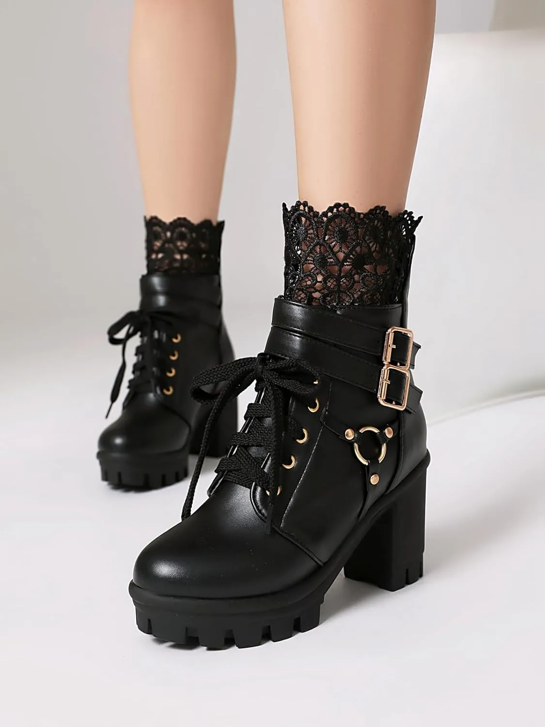 BEAUPAS Women's Gothic Combat Boots Lace Up Platform Ankle Boots with Buckles Chunky High Heel