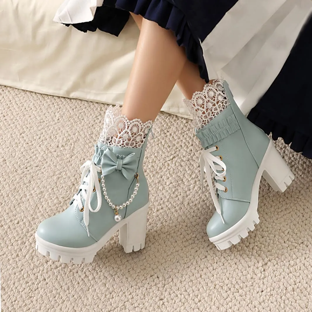 BEAUPAS Women's Platform Ankle Boots with Lace Pearl Chain Bow Chunky High Heel Goth Combat Boots