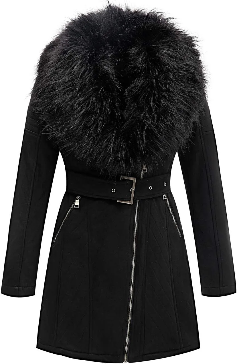 Bellivera Women Faux Leather Trench Coat Fleece-Lined Mid-length Jacket with Detachable Fur Collar