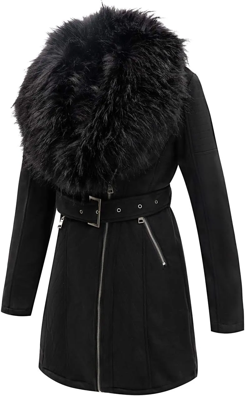 Bellivera Women Faux Leather Trench Coat Fleece-Lined Mid-length Jacket with Detachable Fur Collar
