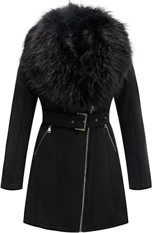 Bellivera Women Faux Leather Trench Coat Fleece-Lined Mid-length Jacket with Detachable Fur Collar